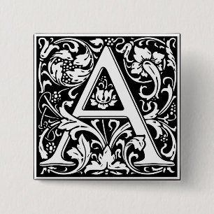 Badge Carré 5 Cm Lettre A Monogramme Médiéval Art Nouveau