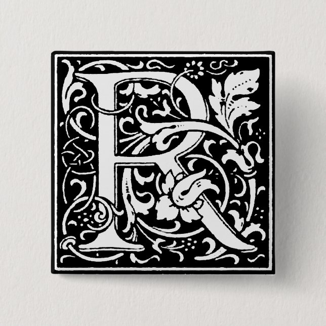 Badge Carré 5 Cm Lettre alphabet Renaissance R - Épingle (Devant)