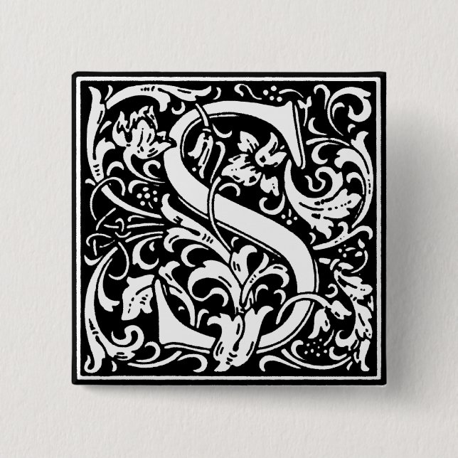 Badge Carré 5 Cm Lettre alphabet Renaissance S - Épingle (Devant)