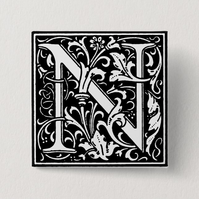 Badge Carré 5 Cm Lettre alphabet style Renaissance N - Pinceau (Devant)