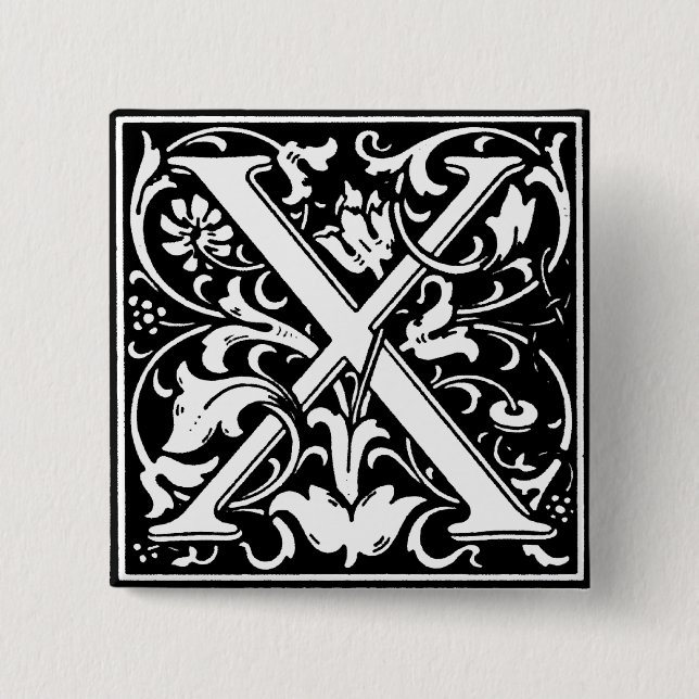 Badge Carré 5 Cm Lettre alphabet style Renaissance X - Épingle (Devant)
