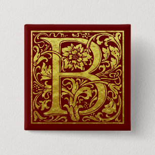 Badge Carré 5 Cm Lettre B Première Lettre Faux Or Rouge