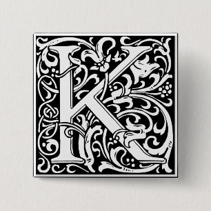 Badge Carré 5 Cm Lettre K Monogramme médiéval Art Nouveau