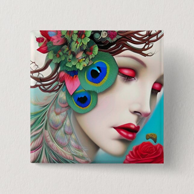 Badge Carré 5 Cm Lèvres Rouges et Roses Paon Abstrait (Devant)