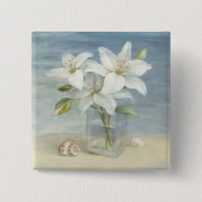 Badge Carré 5 Cm Lis blancs et coquilles (Devant)