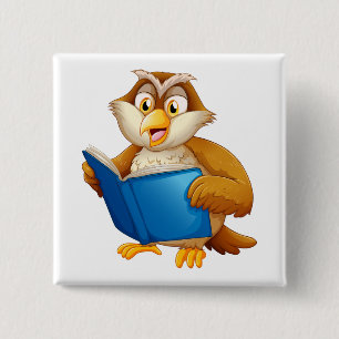 Badge Carré 5 Cm Livre de lecture de la chouette sage