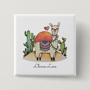 Badge Carré 5 Cm Llama Aquarelle Avec Cactus