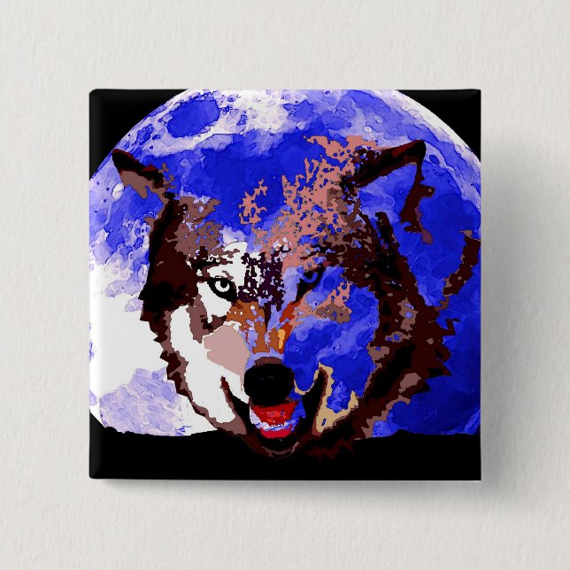 Badge Carré 5 Cm Loup et Pleine lune (Devant)