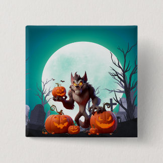 Badge Carré 5 Cm loup-garou et citrouilles d'Halloween