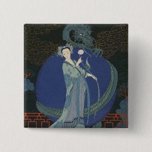 Badge Carré 5 Cm Madame avec un dragon (litho de couleur)
