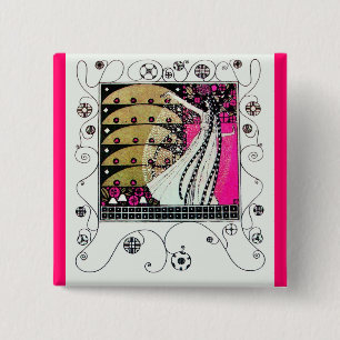 Badge Carré 5 Cm MAGIE DU PRINTEMPS rose vif noir blanc brun
