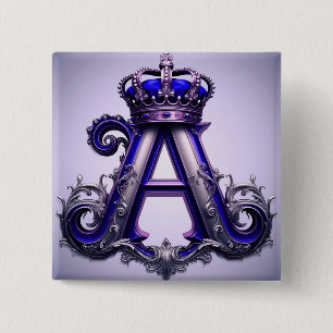 Badge Carré 5 Cm Majestueuse lettre ornée A avec couronne