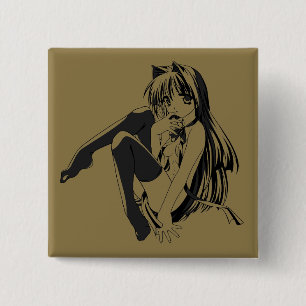 Badge Carré 5 Cm Manga, Neko Catgirl Furry Kawaii Loli