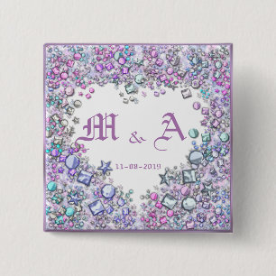 Badge Carré 5 Cm Mariage de coeur romantique Couple Date Initiales