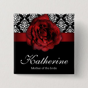 Badge Carré 5 Cm Mariage Nom Bouton Balise Rouge Rose Damask