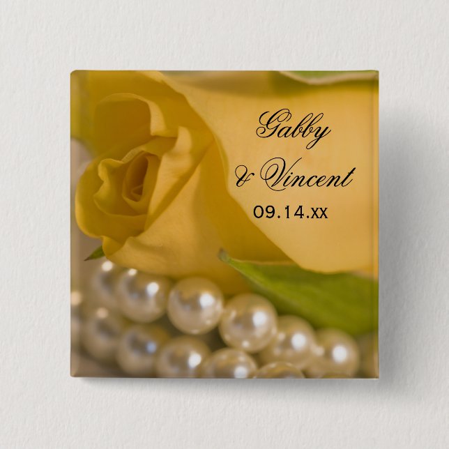 Badge Carré 5 Cm Mariage Rose jaune et perles blanches (Devant)