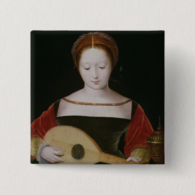 Badge Carré 5 Cm Mary Magdalene jouant un luth (Devant)