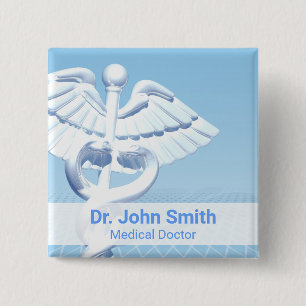 Badge Carré 5 Cm Médicale blanc 3D Caduceus Blue Design