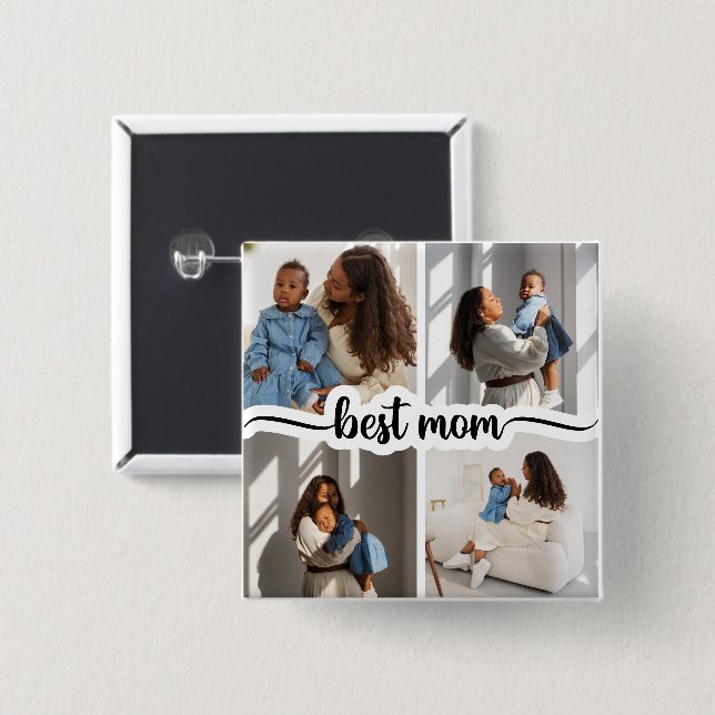 Badge Carré 5 Cm Meilleure Maman Personnalisée 4 Photo Collage (Devant & derrière)