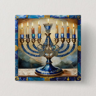 Badge Carré 5 Cm Menorah de Hanukkah bleue