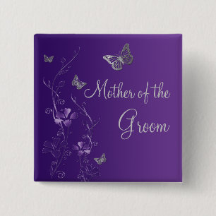 Badge Carré 5 Cm Mère florale de papillon argenté pourpre de Pin 