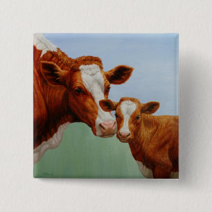 Badge Carré 5 Cm Mère Guernesey Vache et Mignonne Veau