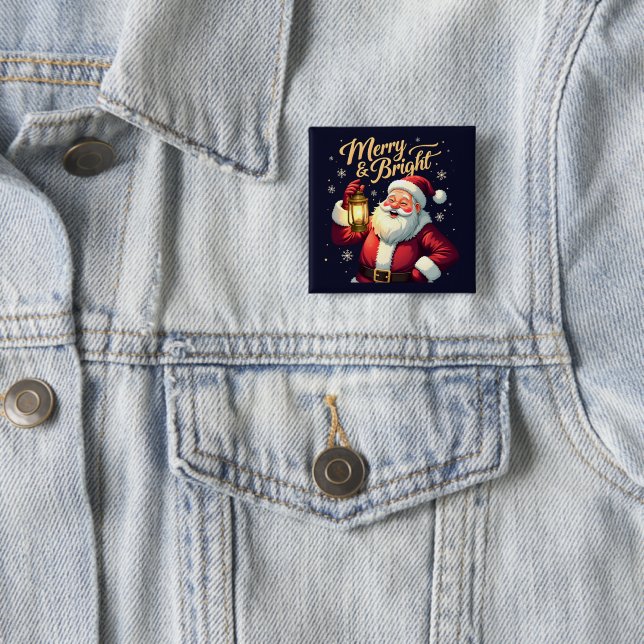 Badge Carré 5 Cm Merry Bright Santa Holding Lantern Illustration (En situation)