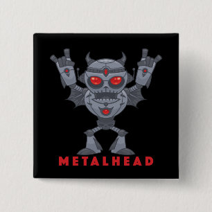 Badge Carré 5 Cm Metalhead - Lourd Diable Robot Métal - Avec Texte