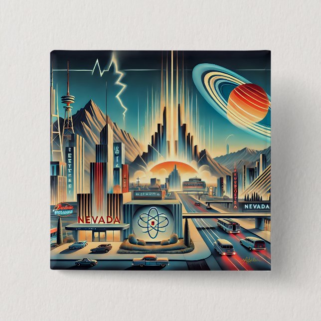 Badge Carré 5 Cm Mid Century Espace atomique Age Nevada Art (Devant)
