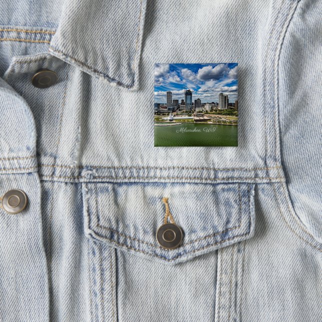 Badge Carré 5 Cm Milwaukee, Wisconsin, photo de la ville, (En situation)