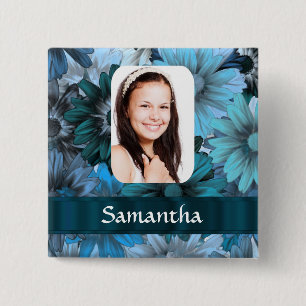 Badge Carré 5 Cm Modèle photo floral bleu