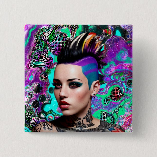 Badge Carré 5 Cm Mohawk Punk Girl Art Abstrait (Devant)