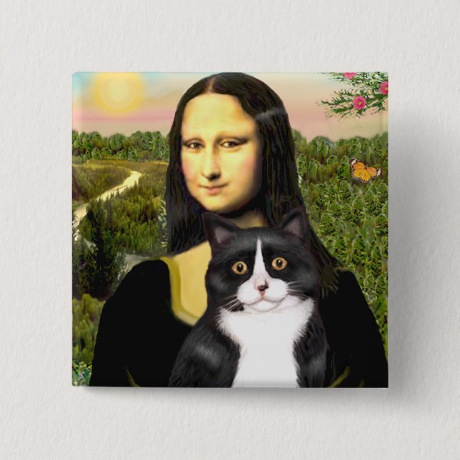 Badge Carré 5 Cm Mona Lisa - chat noir et blanc (Devant)
