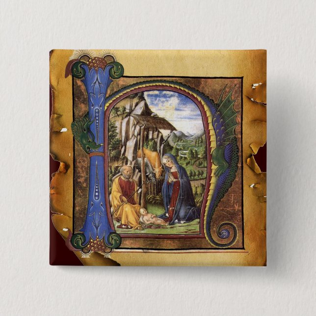 BADGE CARRÉ 5 CM MONOGRAMME DE LA NATIVITÉ PARCHEMENT DE NOËL (Devant)