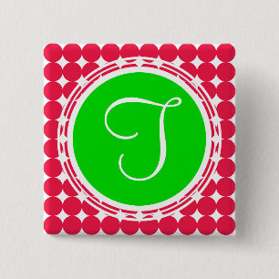 Badge Carré 5 Cm Monogramme de point Polka vert et rouge
