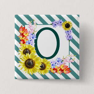 Badge Carré 5 Cm Monogramme de tournesol Rayures Turquoises