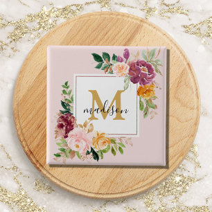 Badge Carré 5 Cm Monogramme Elegant Aquarelle Rose Floral Botanique