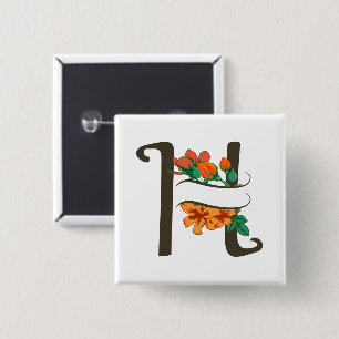 Badge Carré 5 Cm Monographie florale H lettre majuscule