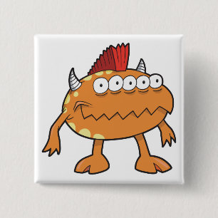 Badge Carré 5 Cm monstre à mohawk orange aux yeux multiples