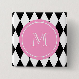 Badge Carré 5 Cm Motif blanc noir de harlequin, monogramme rose