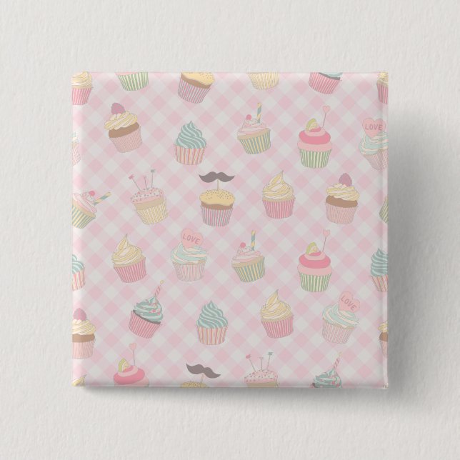 Badge Carré 5 Cm Motif de cupcakes mignons à carreaux rose pastel (Devant)
