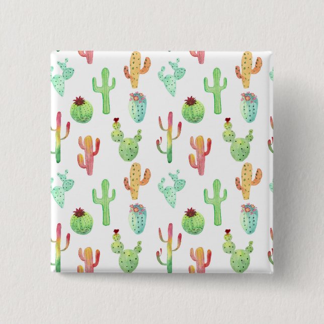 Badge Carré 5 Cm Motif en pastel d'aquarelle de cactus (Devant)