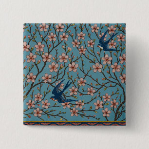 Badge Carré 5 Cm Motif rétro de l'hirondelle à fleurs bleues par Wa