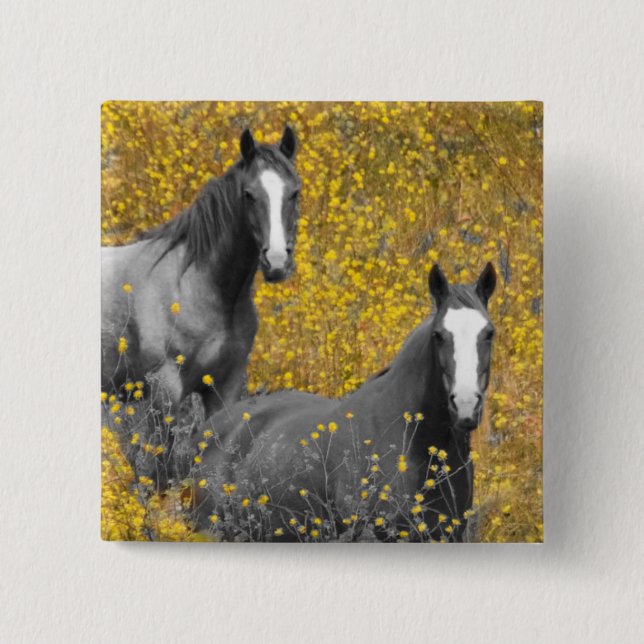 Badge Carré 5 Cm Moutarde et chevaux (Devant)