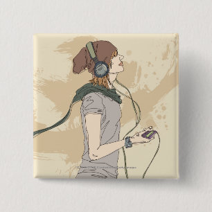 Badge Carré 5 Cm Musique de écoute de jeune femme