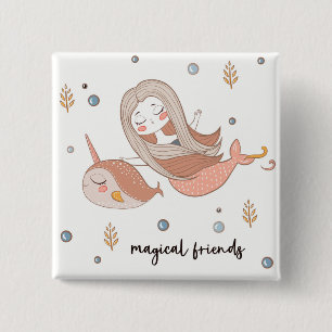 Badge Carré 5 Cm Narval et Merveilleuse Sirène Amis Magiques.