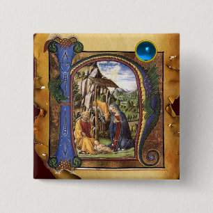 Badge Carré 5 Cm NATIVITÉ XMAS PARCHEMENT Sapphire Bleu Monogramme