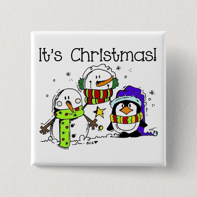 Badge Carré 5 Cm Neiges et pingouins C'est Noël (Devant)