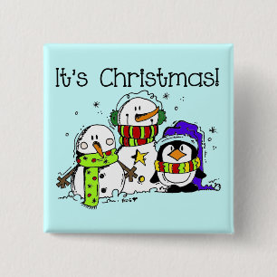 Badge Carré 5 Cm Neiges et pingouins C'est Noël