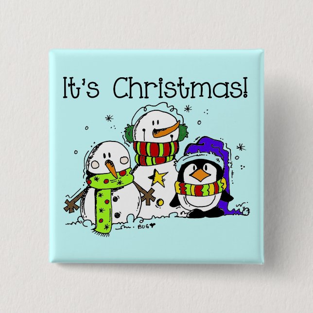 Badge Carré 5 Cm Neiges et pingouins C'est Noël (Devant)